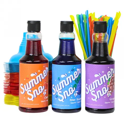 Paragon Summer Sno Snow Cone Syrup 3 Pack + 25 Cups and 25 Straws - Blue Raspberry, Cherry, Grape