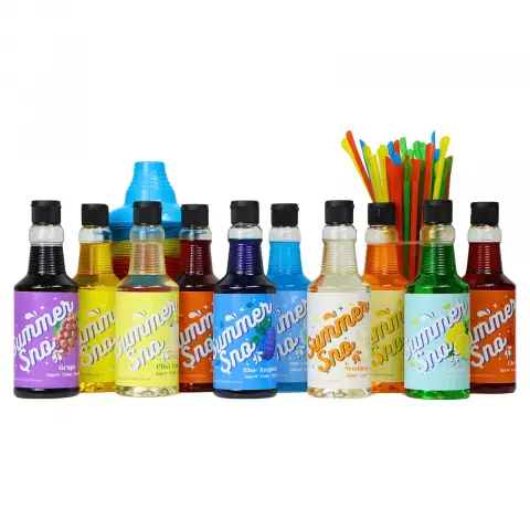 Paragon Summer Sno Snow Cone Syrup 10 Pack + 100 Cups and 100 Straws - All Flavors